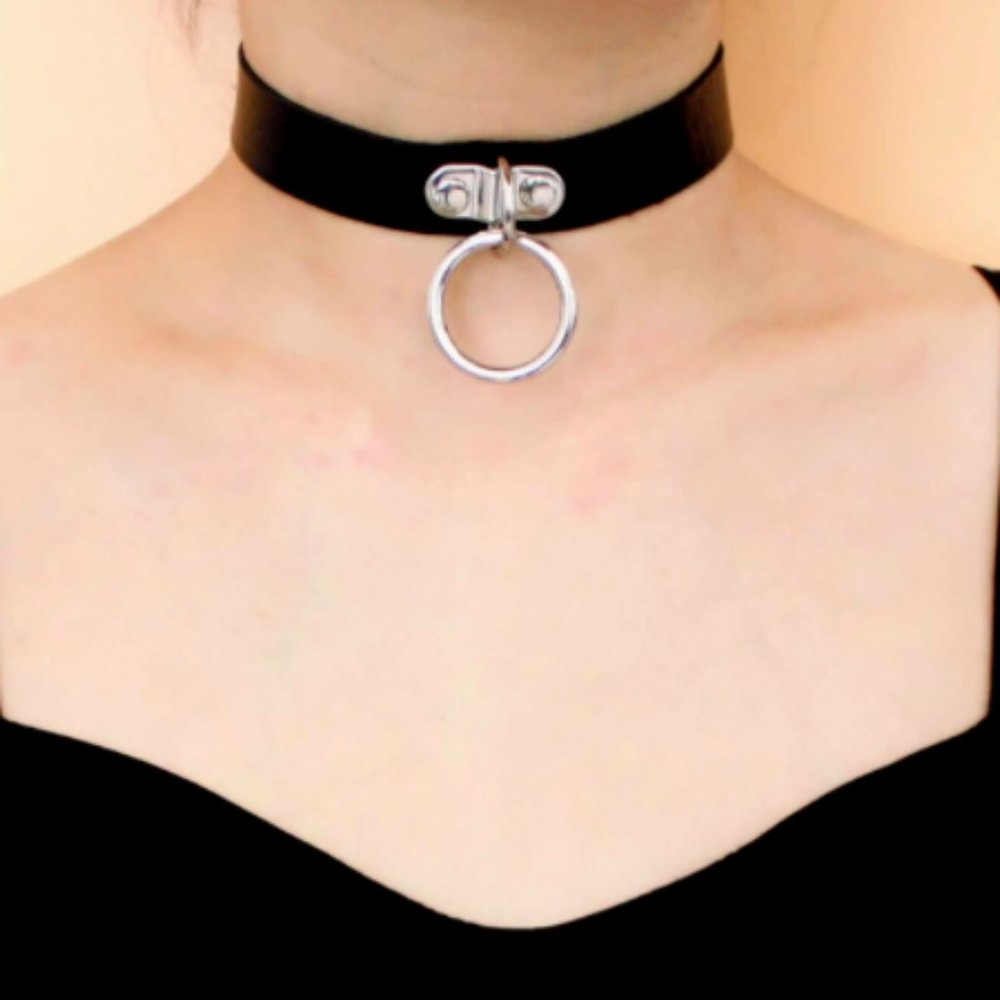 New Faux Vegan Leather Black Metal Ring Punk Goth Bondage Rock Choker Necklace‎